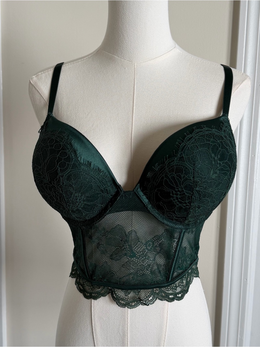 Victorias Secret ‘Very Sexy Push Up’ Dark Green Lace Longline Lingerie Bra 34D